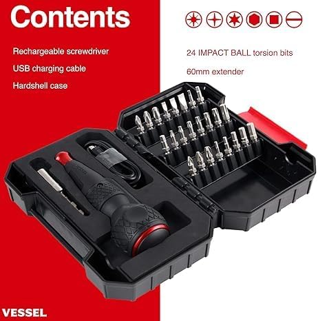 VESSEL Ball Grip Rechargeable Cordless Screwdriver with 25 Piece Bit Set | High-Torque Model