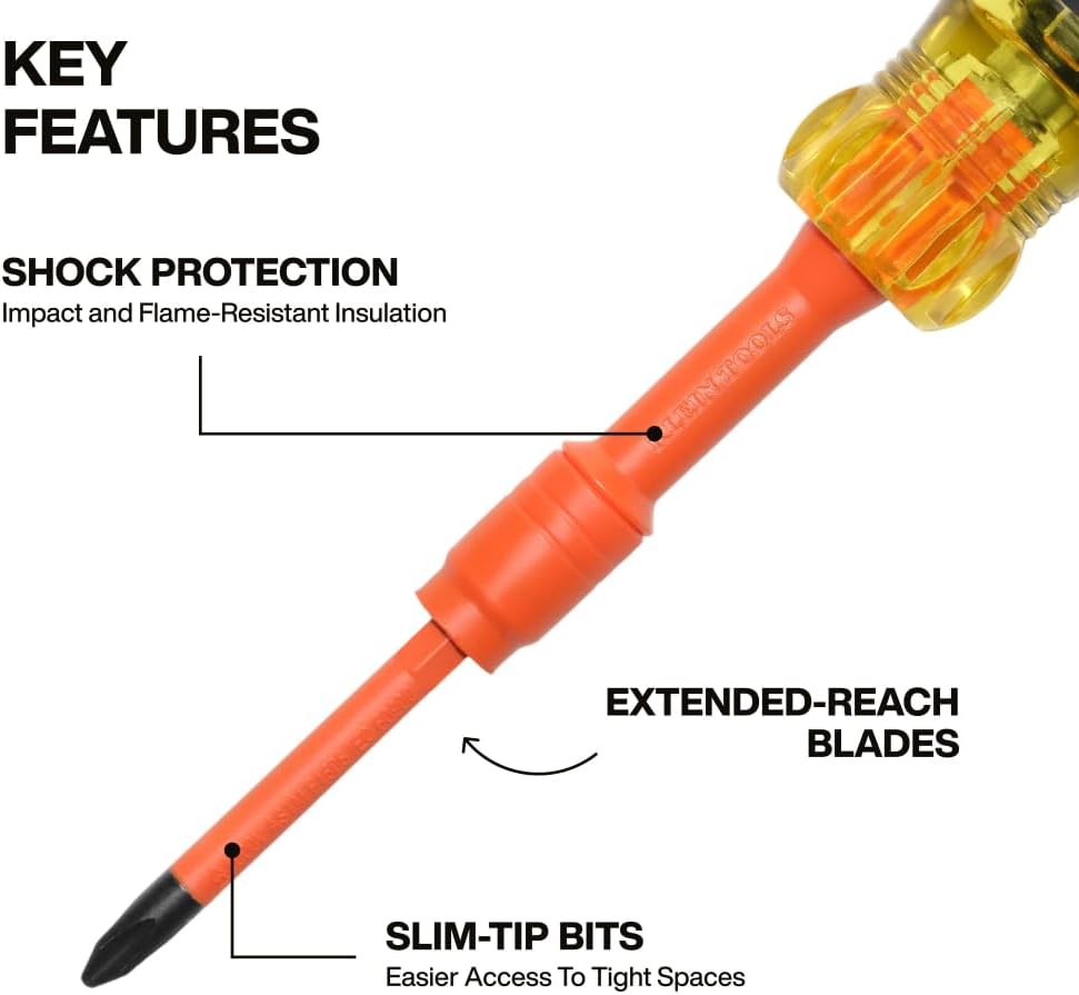 Klein Tools 32306INS 6-In-1 Insulated Multi-Bit Screwdriver, Multi-Bit Driver with Auto-Locking Collar, 1000V Rated, In-Handle Bit Storage