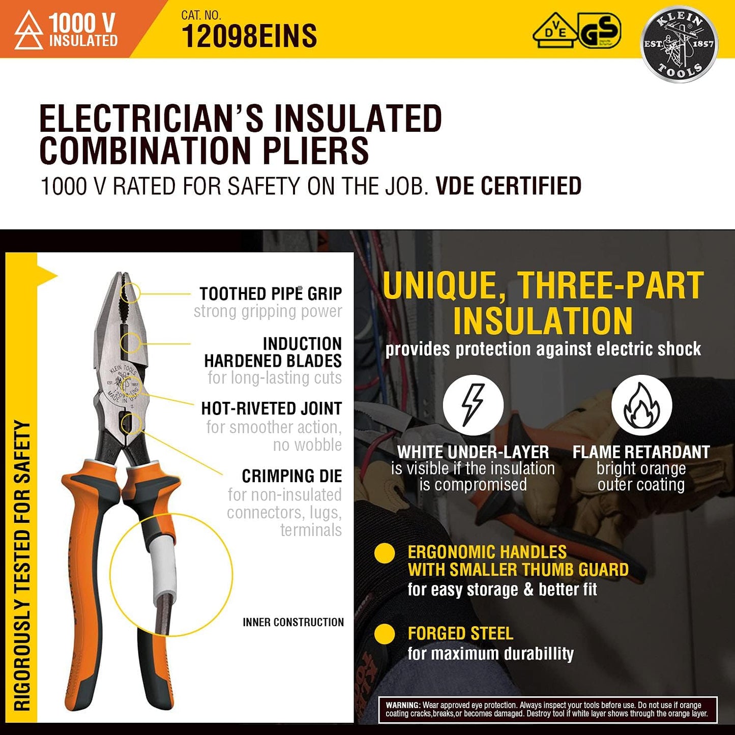 Klein Tools A-12098AEINSBP Insulated Lineman Plier & Cutting Nipper Combo Pack, 1000V Rated, IEC & ASTM Certified, Comfort Grip with Thumbguard, For Cutting ACSR, Screws, Nails and Hardened Wires