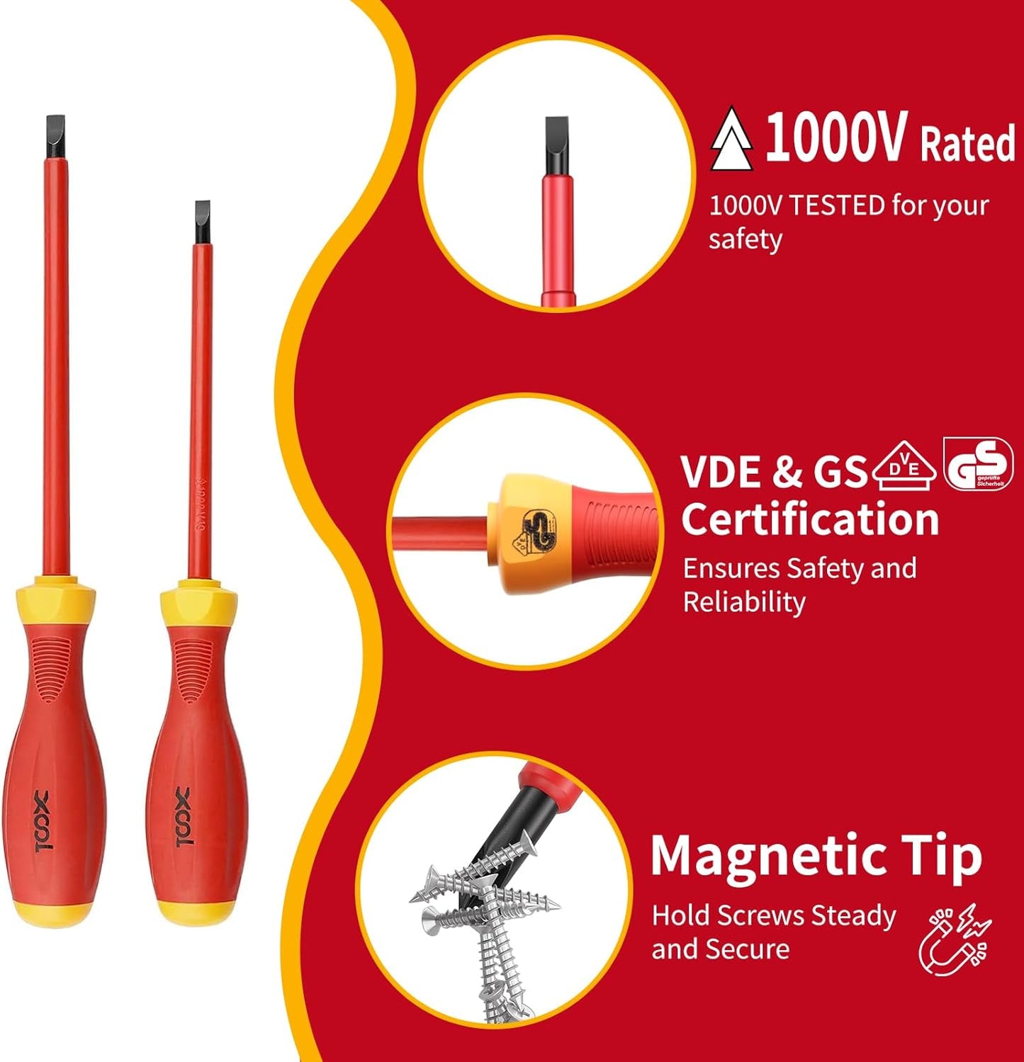 XOOL 1000V Insulated Electrician Screwdriver Set, 8-Piece with Magnetic Tips, Non-Slip Handle, Slotted & Phillips, Chrome Vanadium Steel, VDE & GS Certified for Safe Electrical Work