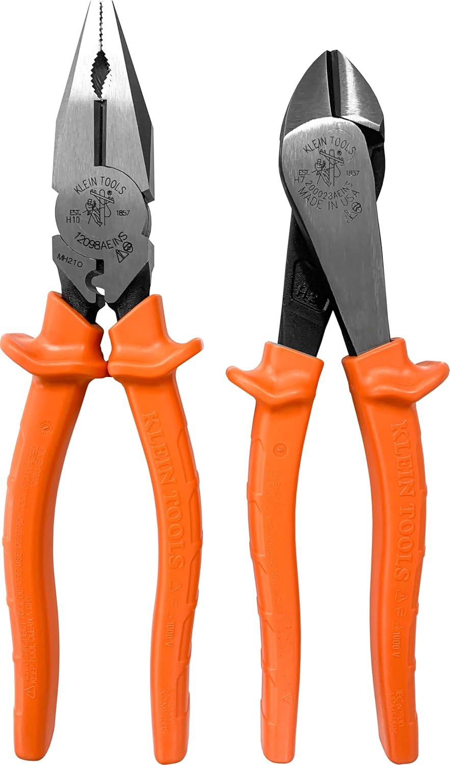 Klein Tools A-12098AEINSBP Insulated Lineman Plier & Cutting Nipper Combo Pack, 1000V Rated, IEC & ASTM Certified, Comfort Grip with Thumbguard, For Cutting ACSR, Screws, Nails and Hardened Wires