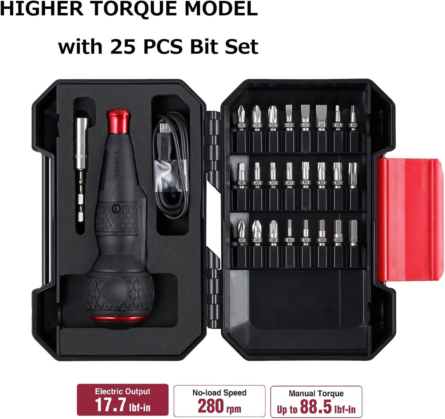 VESSEL Ball Grip Rechargeable Cordless Screwdriver with 25 Piece Bit Set | High-Torque Model