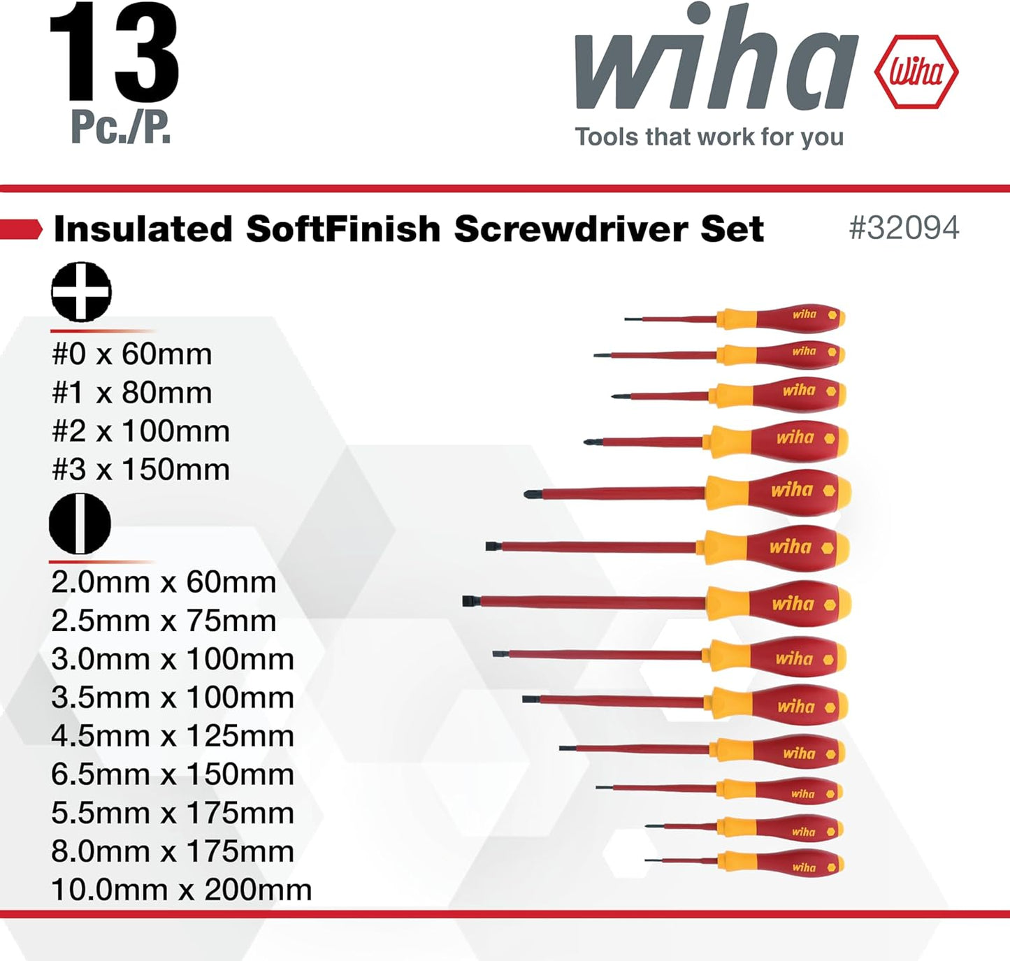 Wiha 32094 Slotted and Phillips Insulated Screwdriver Set, 1000 Volt, 13 Piece