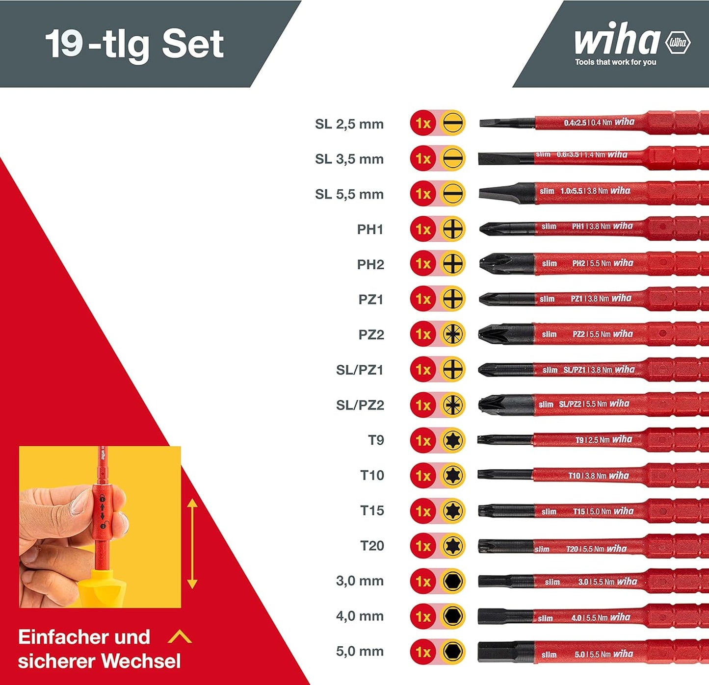 Wiha slimVario 1000V Screwdriver and Bit 18-Piece Set, Assorted