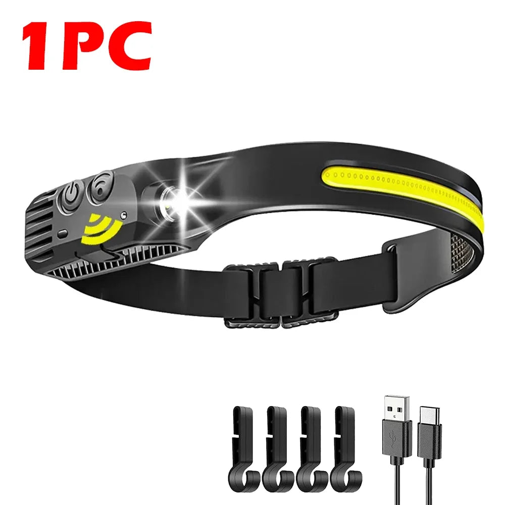 Illuminate Your Adventures with the COB LED Headlamp - USB Rechargeable, Motion Sensor, and 5 Versatile Lighting Modes!