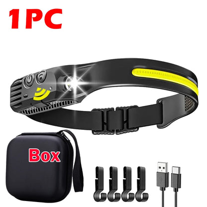 Illuminate Your Adventures with the COB LED Headlamp - USB Rechargeable, Motion Sensor, and 5 Versatile Lighting Modes!